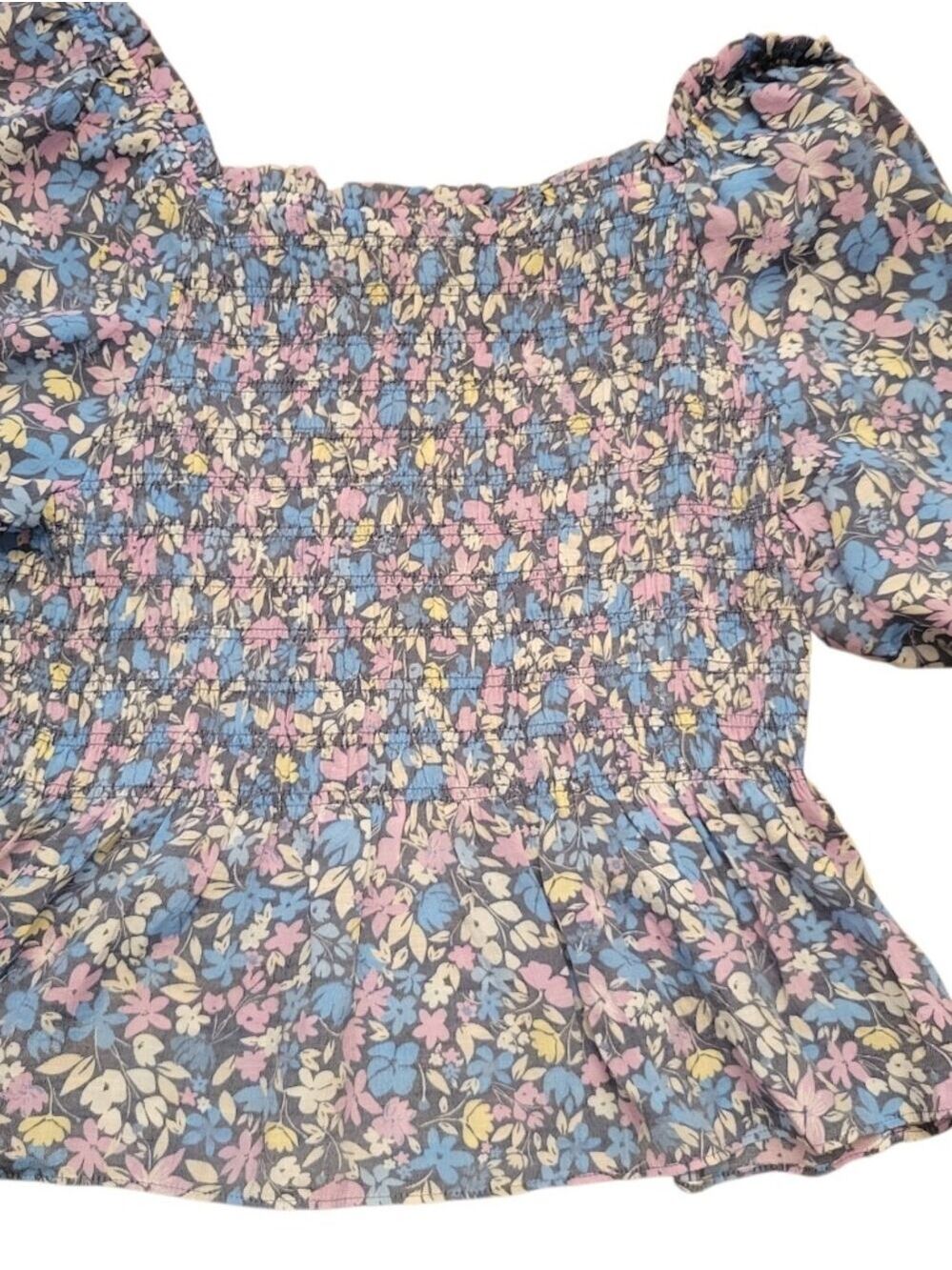 Nanette Lepore Blue Multi Floral Smocked Peplum Top Small - Picture 2 of 4